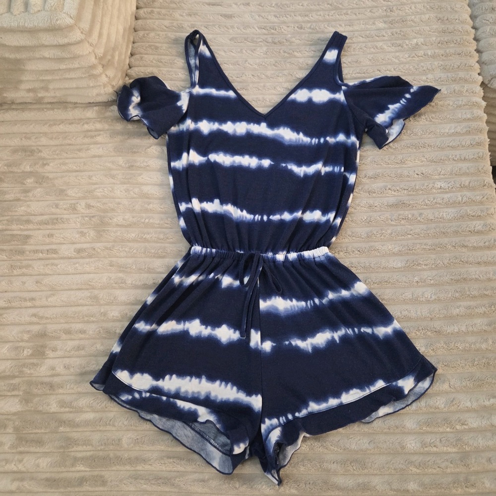 Derek Heart Tie Dye Romper S Small dark Blue White Cold Shoulder Summer Festival